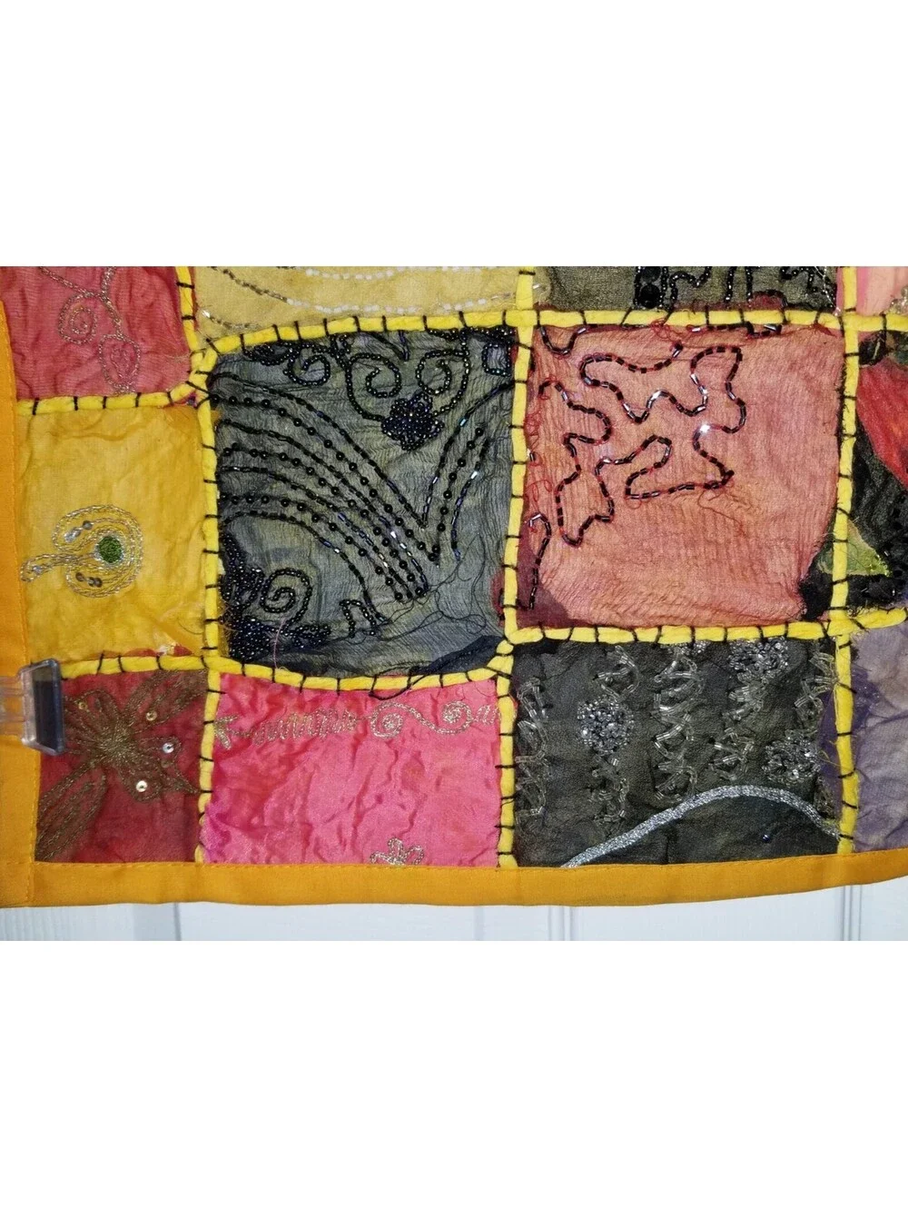 HAND BEADED EMBELLISHED INDIA WALL ART TAPESTRY PATCHWORK SQUARE 16